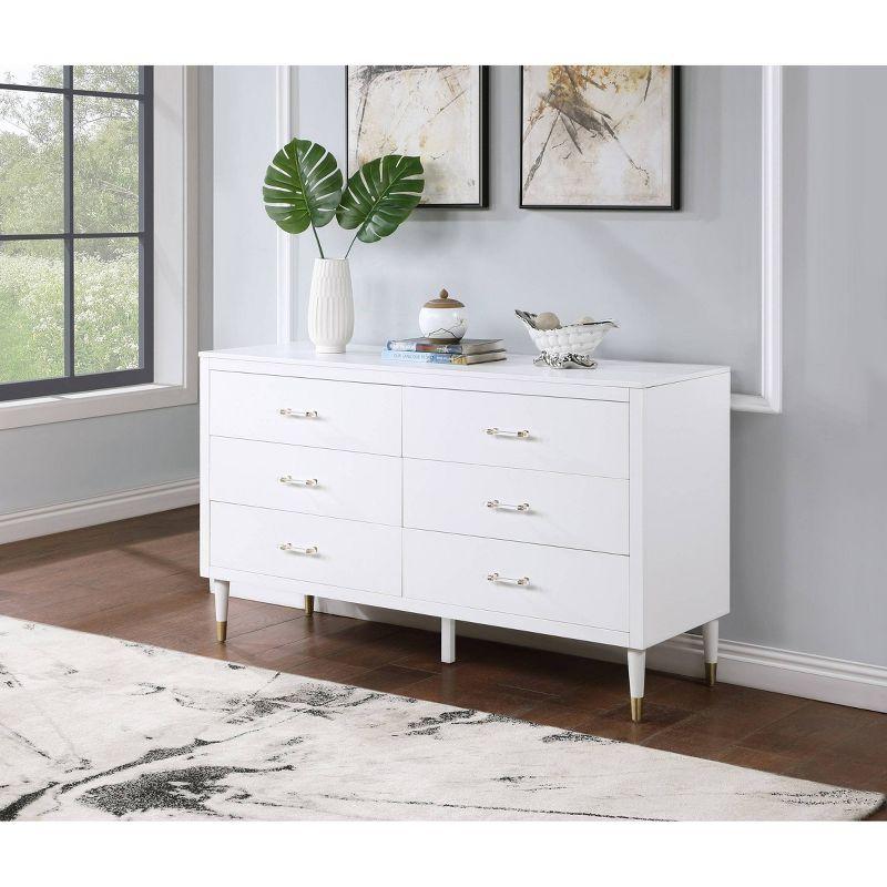 Stanton Glam White 6-Drawer Dresser with Gold Metal Feet