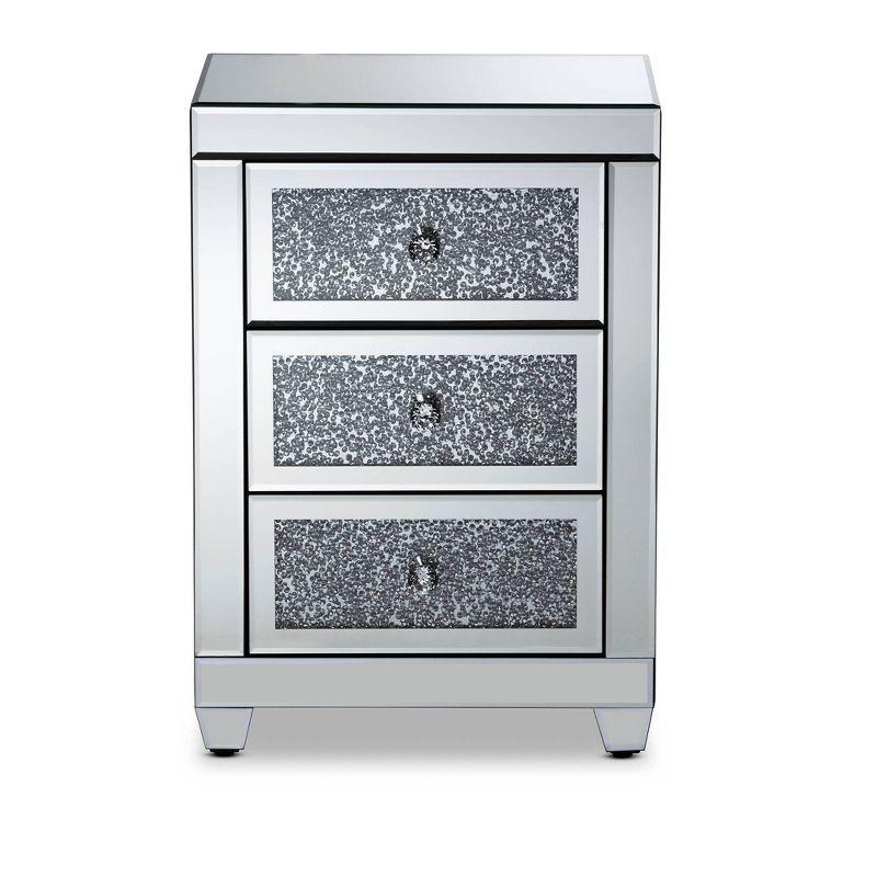 Elegant Ralston Mirrored 3-Drawer Nightstand with Crystal Accents