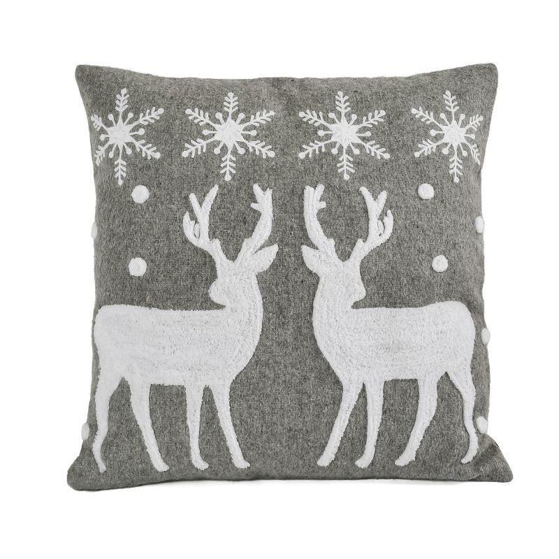 18" Gray and White Embroidered Reindeer and Snowflakes Throw Pillow