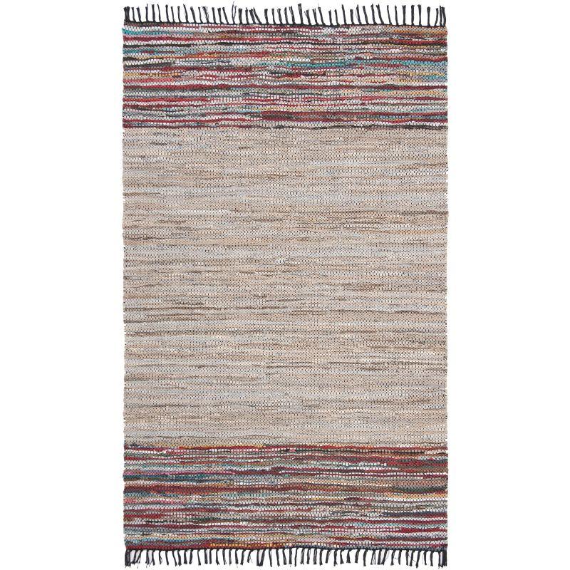 Vintage Beige and Multicolor Handwoven Leather Area Rug 4' x 6'