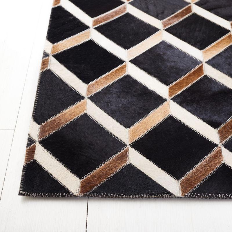 Contemporary Geometric Hand-Knotted Black and Brown Wool & Cowhide Rug - 3' x 5'