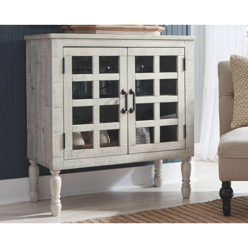 Falkgate Accent Cabinet Whitewash - Signature Design by Ashley: Antique Bronze Pulls, Glass Lattice Doors