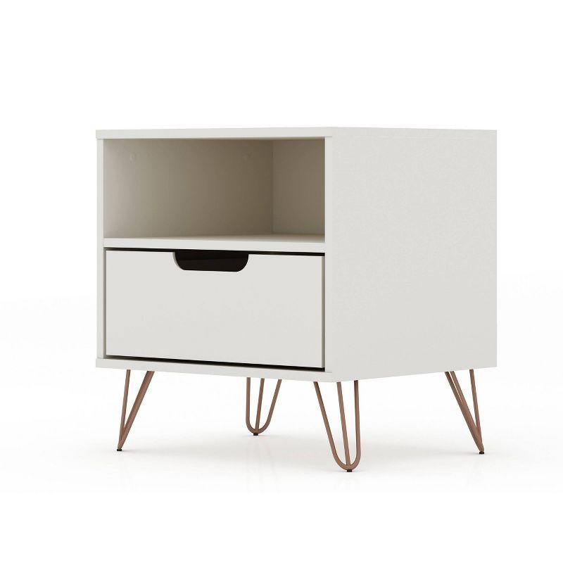 Set of 2 Rockefeller 1 Drawer Nightstands Off White - Manhattan Comfort: Mid-century Design, Metal Legs, Concealed Storage
