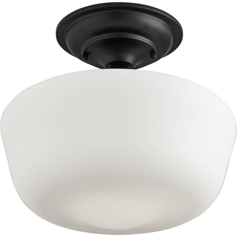 Regency Hill Modern Schoolhouse Farmhouse Ceiling Light Semi Flush Mount Fixture 12 1/4" Wide Black White Glass Shade for Bedroom Kitchen Living Room