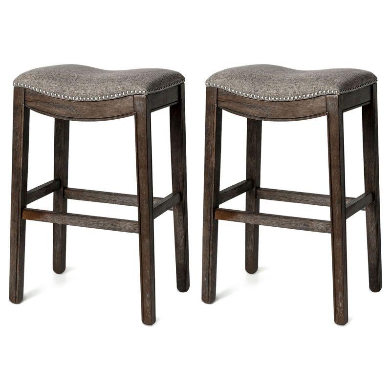 Adrien 31" Gray Wirebrush Wood Saddle Bar Stool, Set of 2