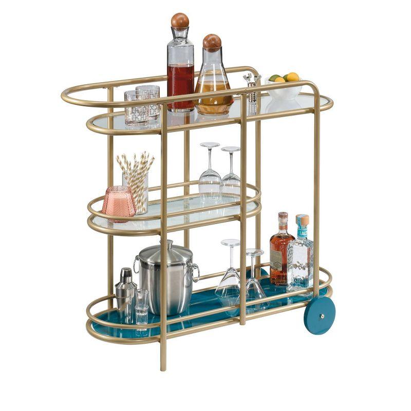 Sauder Coral Cape Metal Cart with Glass Satin Gold: 3-Tier, Safety-Tempered, Mobile