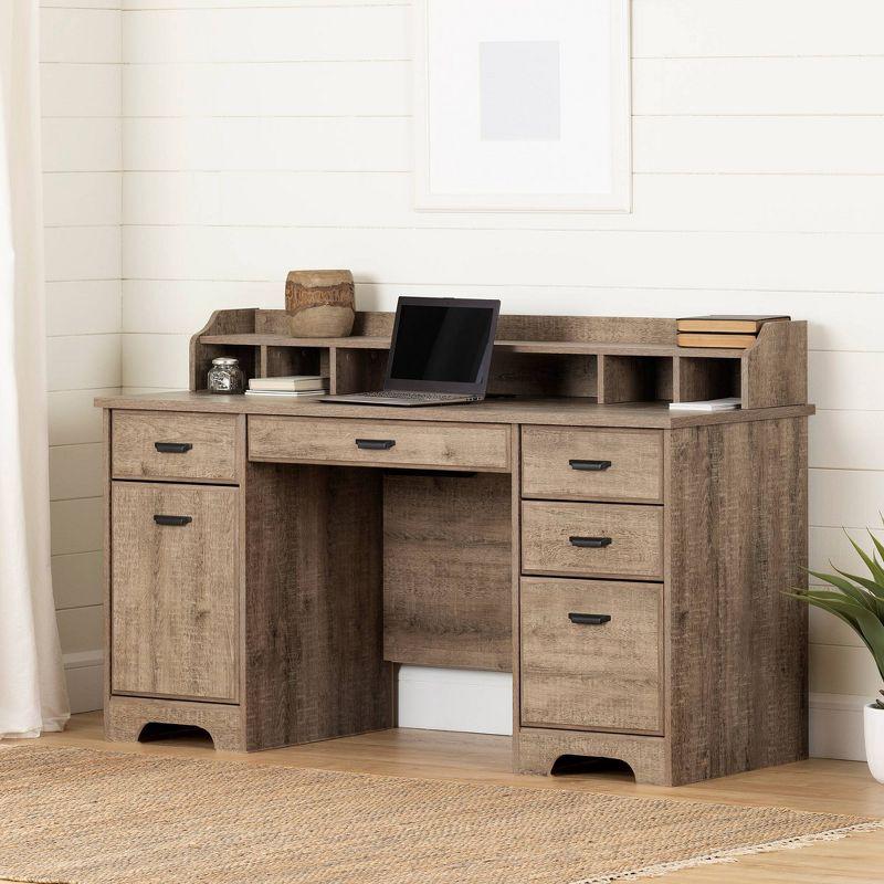 Executive Weathered Oak Computer Desk with Power Outlet and Storage