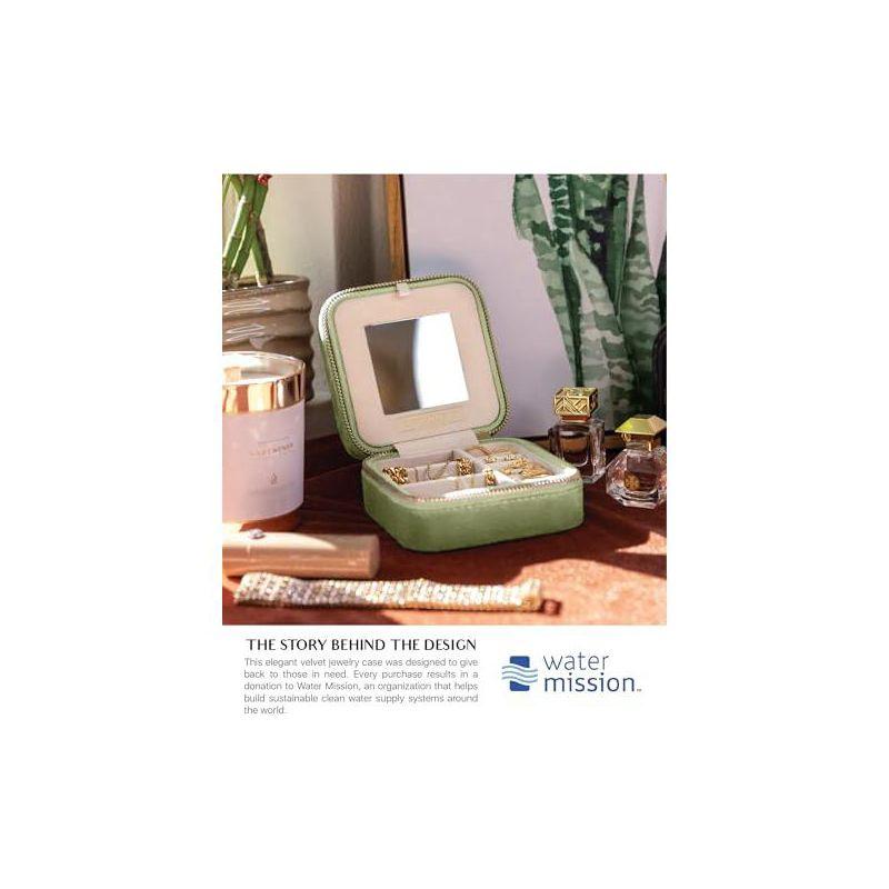 Benevolence LA Plush Velvet Square Travel Jewelry Box with Mirror- Mistletoe Green
