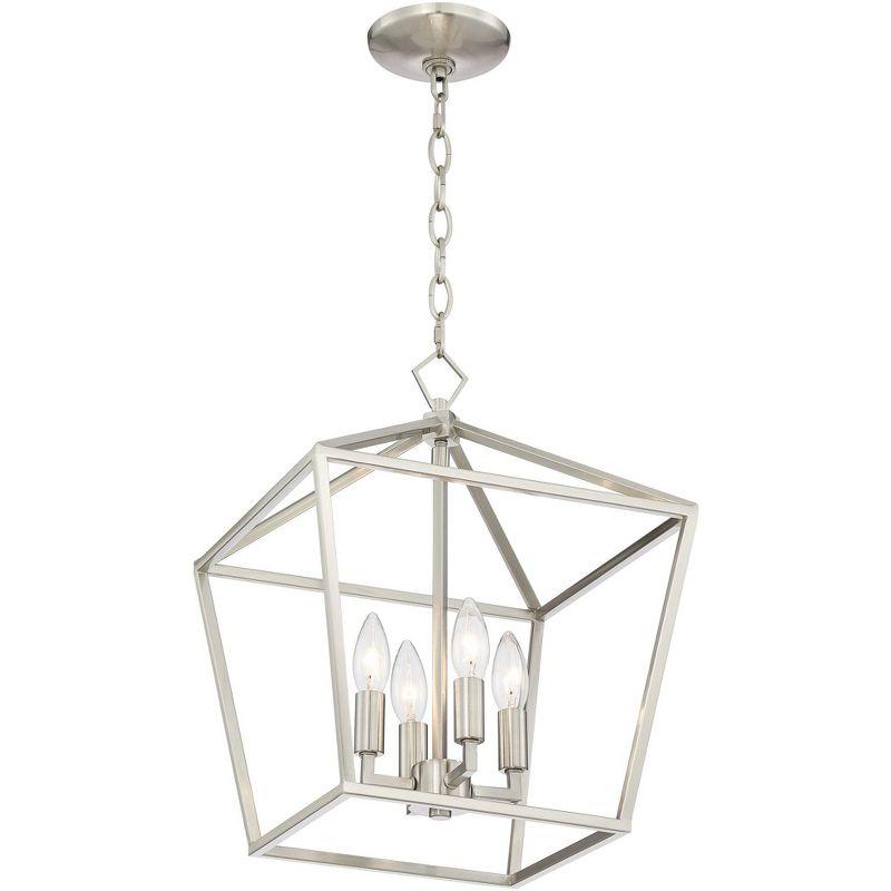 Franklin Iron Works Queluz Brushed Nickel Pendant Chandelier 13" Wide Modern Industrial Geometric Cage 4-Light Fixture for Dining Room Kitchen Island