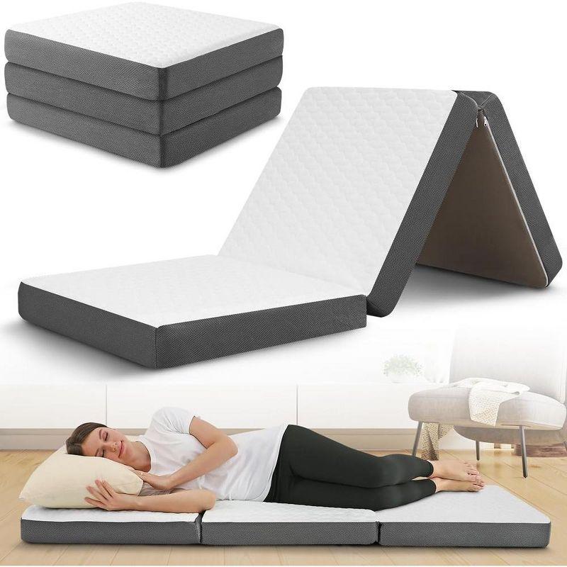 Contour Comfort Queen 4 Inch Thick Portable Tri Folding Mattress with Memory Foam Layer with Washable Cover | Non-Slip Bottom Perfect Guest Bed-White