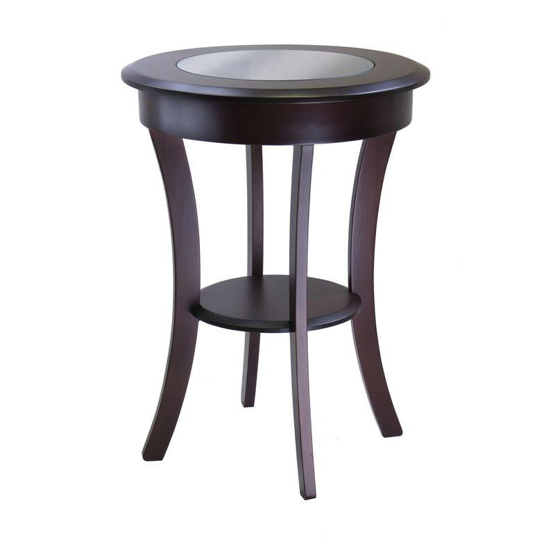 Cassie Round Accent Table with Glass - Cappuccino - Winsome: Flared Legs, Wood Composite Shelf, 27" Height
