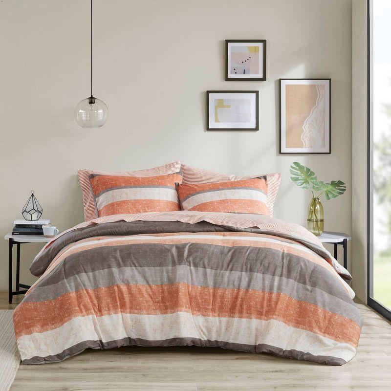 Madison Park Full Ryder Striped Comforter Set with Bed Sheet Coral Orange