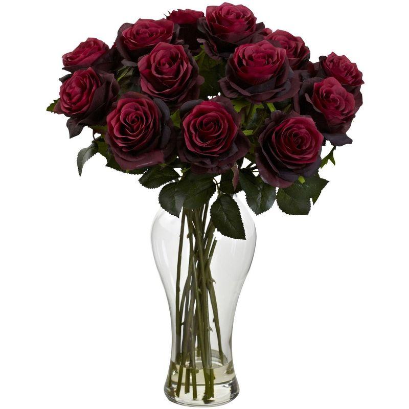 Nearly Natural Blooming Roses with Vase, Burgundy