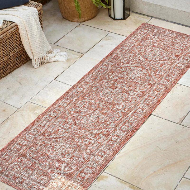 2' X 10' Malta Bohemian Medallion Textured Weave Indoor/Outdoor Runner Rug, Red/Taupe - JONATHAN Y