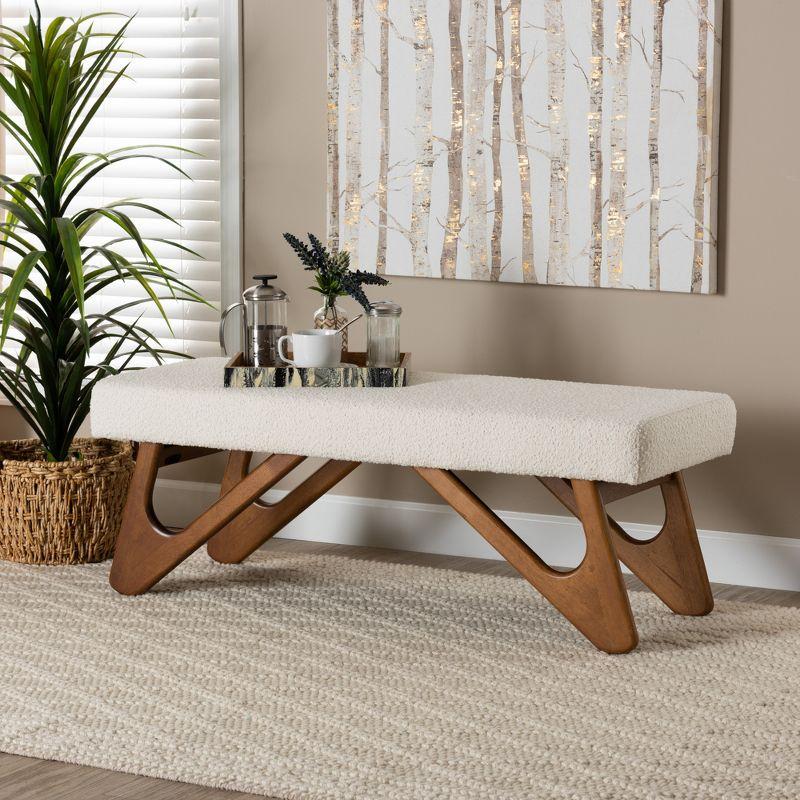 Rika Cream Boucle Fabric and Walnut Wood Bench