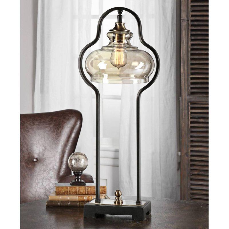 Aged Black Iron Arc Table Lamp with Glass Shade