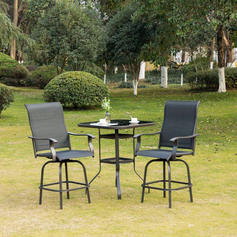 Outsunny Set of 2 Outdoor Swivel Bar Stools with Armrests, Bar Height Patio Chairs with Steel Frame for Balcony, Poolside, Backyard, Black