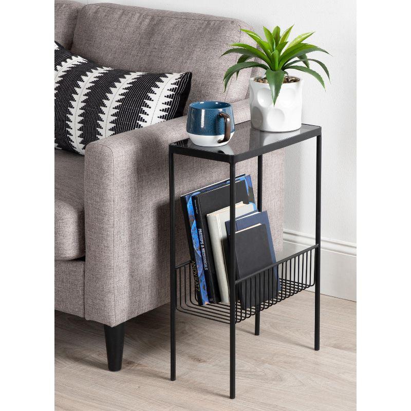 Trubey 18.9" Black Metal and Glass Side Table with Storage