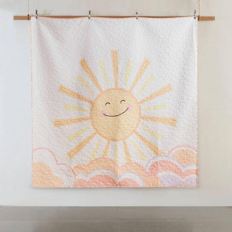 Intelligent Design Kids Dawn Sunshine Clouds Yellow/Coral 100% Cotton Reversible Quilt Set Twin