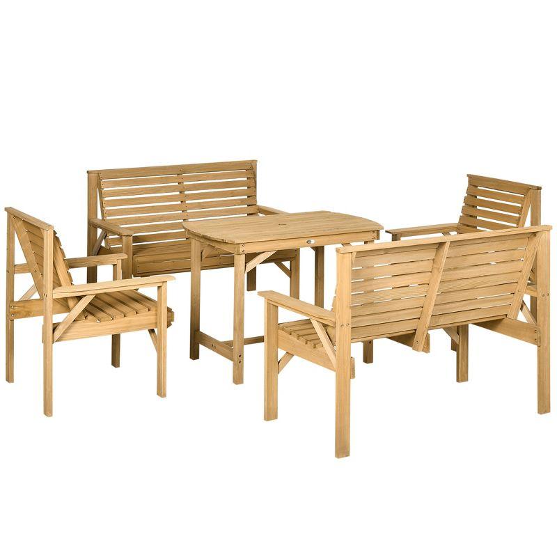 Outsunny 5 Piece Patio Furniture, 6 Seat Outdoor Dining Set, Natural Wood Dinner Table, 2 Chairs, Loveseats with Armrests & Umbrella Hole, Light Brown