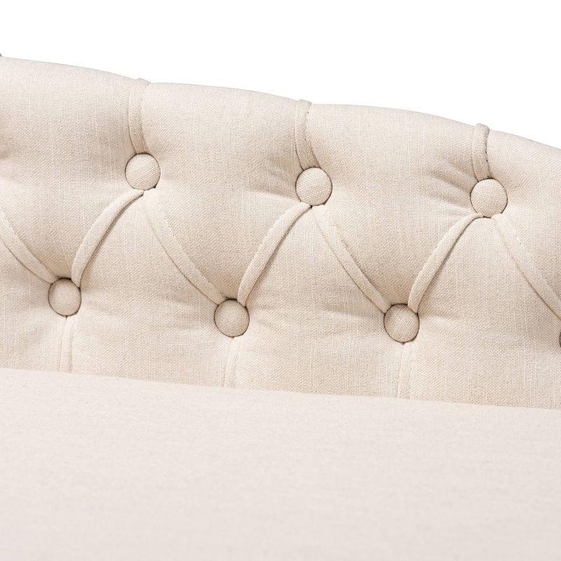 Victorian-Inspired Beige Upholstered Wood Chaise with Button Tufting