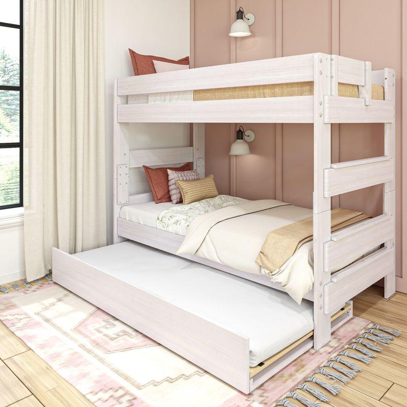 Max & Lily Solid Wood Modern Farmhouse Twin over Twin Bunk Bed with Trundle, White Wash
