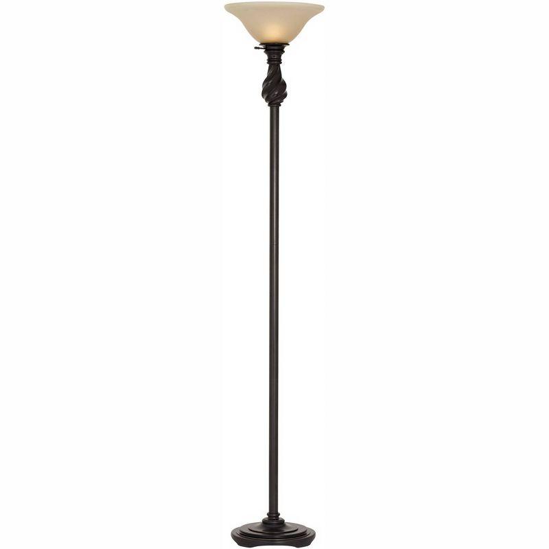 Elegant Bronze Torchiere Floor Lamp with Amber Glass Shade