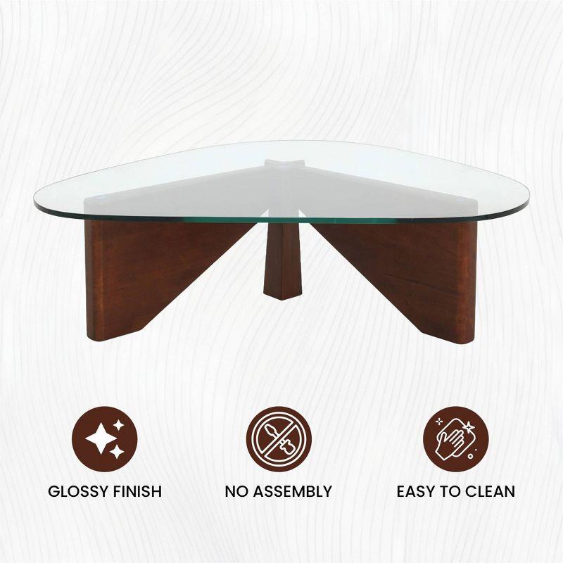 LeisureMod Imperial Collection Triangular Glass Top Coffee Table with Glossy Ash Wood Base for Home, Living Room, Office