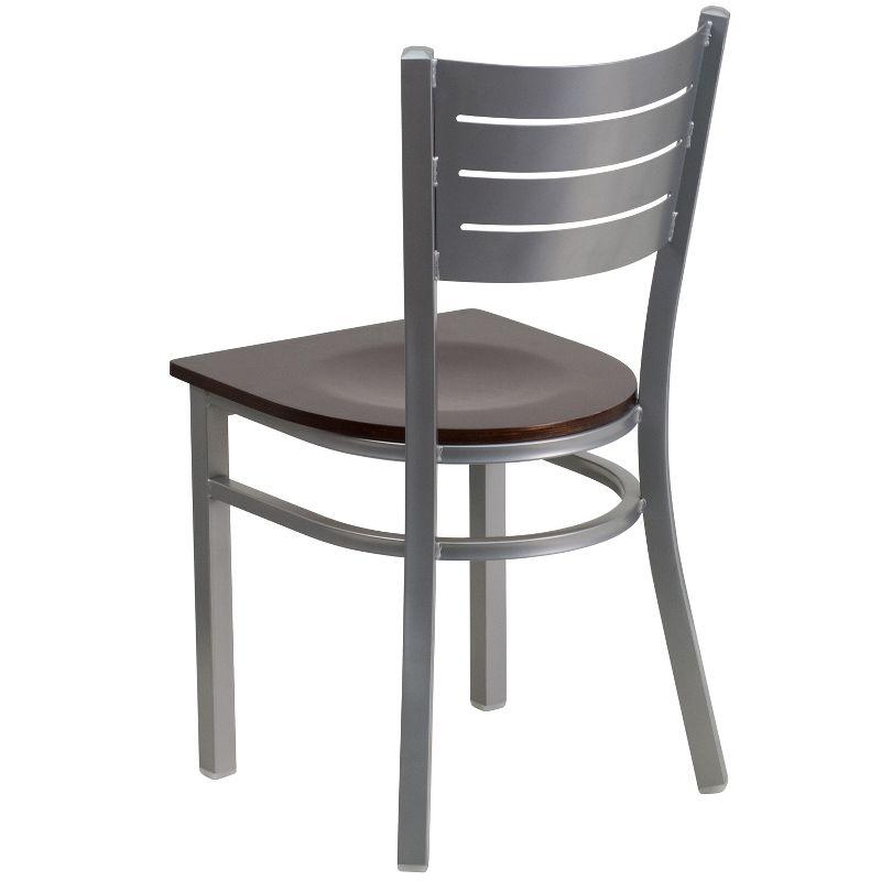 Silver and Walnut Low Slat Back Metal Side Chair