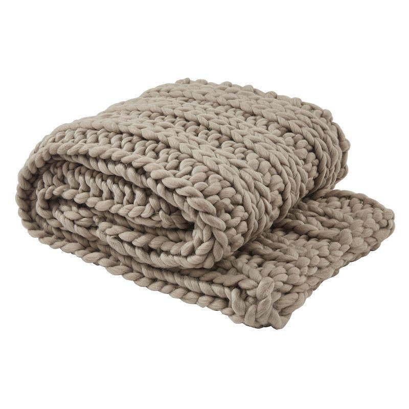 Beige Chunky Ribbed Knit Cotton Throw Blanket