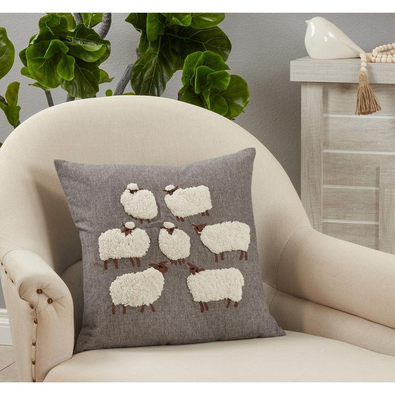 Gray Square Embroidered Sheep Cotton Throw Pillow