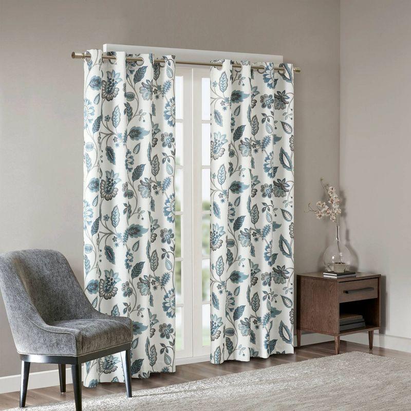 Aqua Floral Jacquard Room Darkening Grommet Curtains