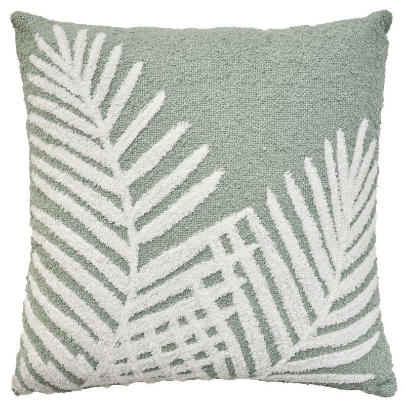 Aqua Embroidered Palm Leaf 18" Square Outdoor Throw Pillow