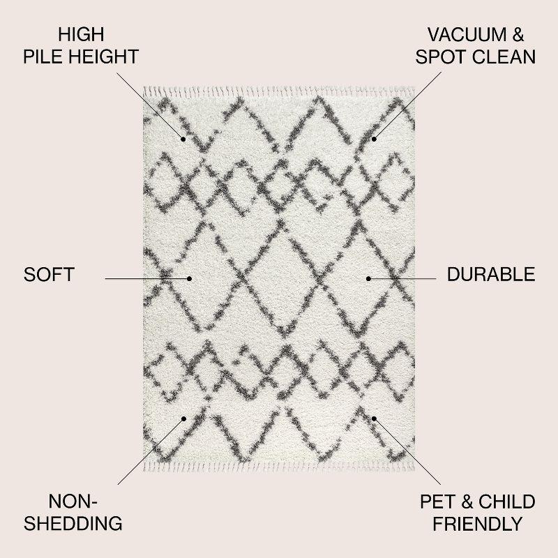 3'x5' Mercer Shag Plush Tassel Moroccan Geometric Trellis Area Rug, Cream/Grey - JONATHAN Y
