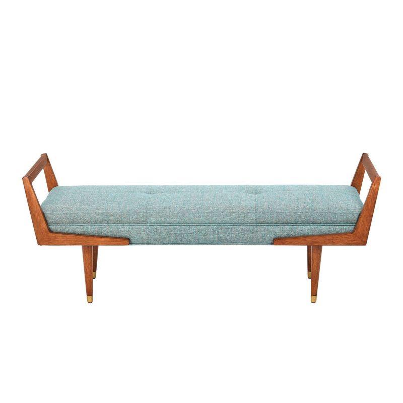 Boomerang Blue Polyester Upholstered Bench with Pecan Wood Frame