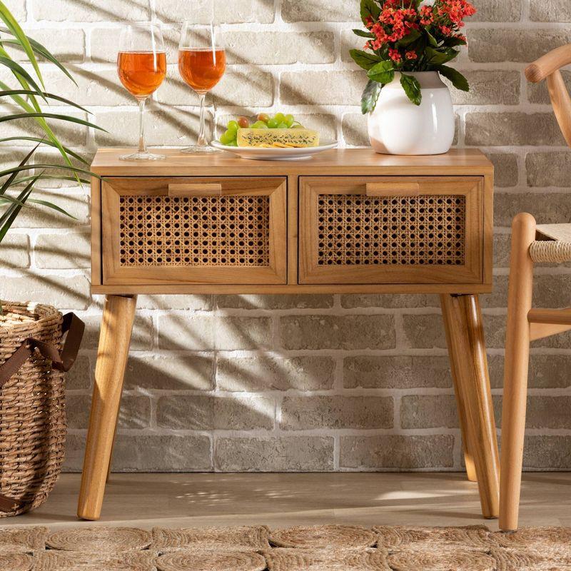 Baxton Studio Falan Wood with Rattan 2 Drawer Console Table Oak Brown: Bohemian Style, Spot Clean, No Assembly Required