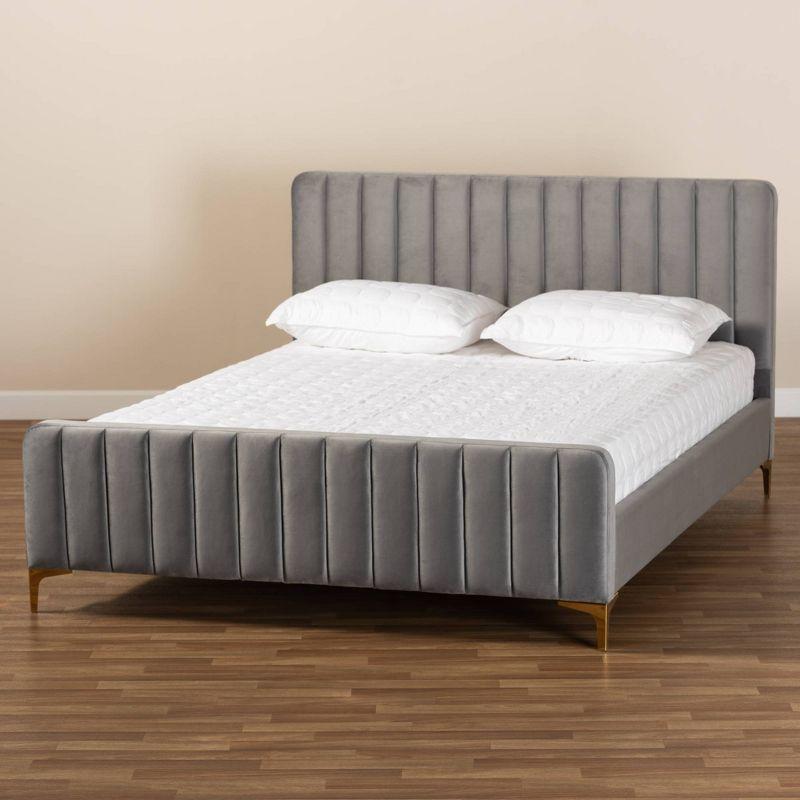 King Nami Velvet Platform Bed Light Gray/Gold - Baxton Studio
