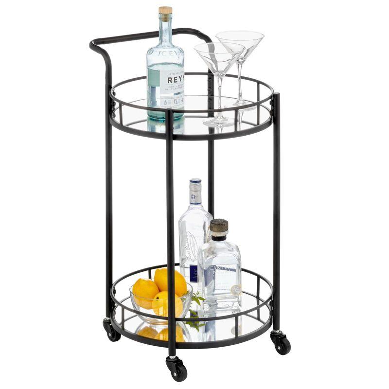 Black Round Metal Rolling Bar Cart with Glass Shelves