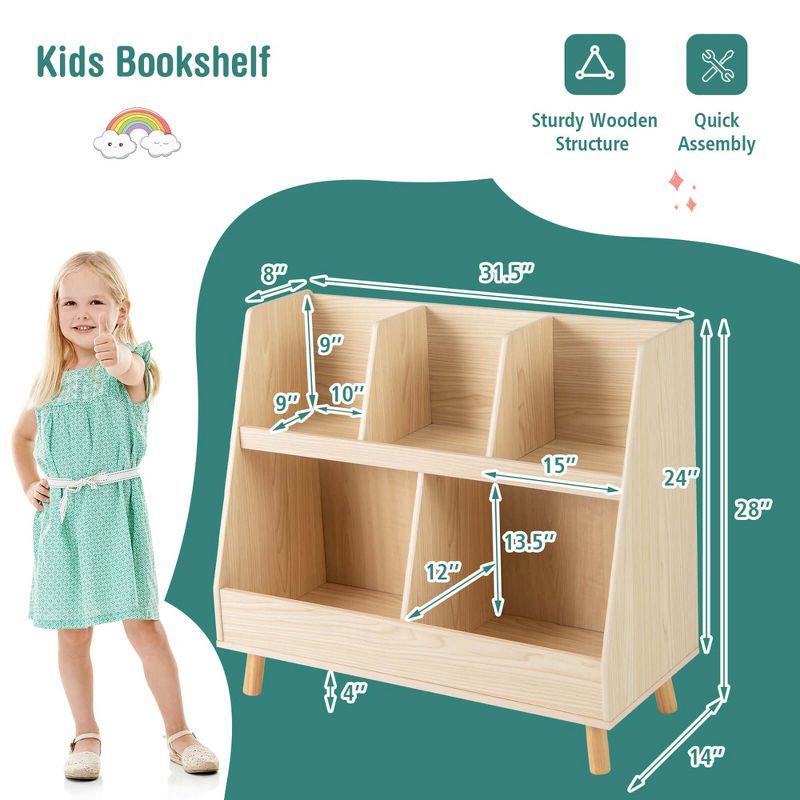 Costway 5-Cube Kids Bookshelf and Toy Organizer Wooden Storage Bookcase with Wood Legs Beige