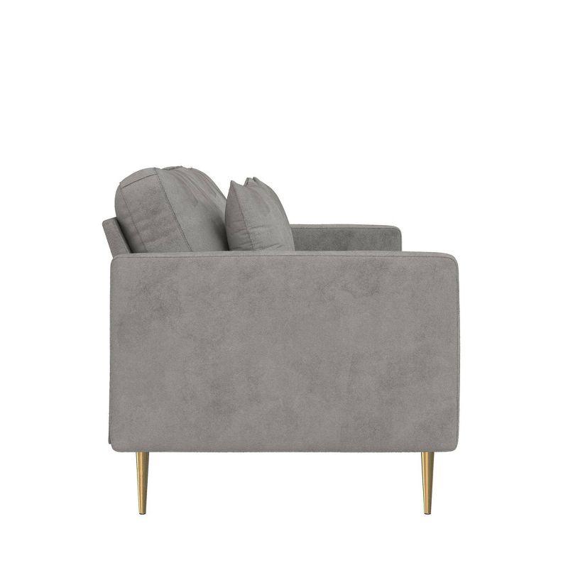 Chic Gray Velvet Sofa with Gold Metal Legs and Accent Pillows