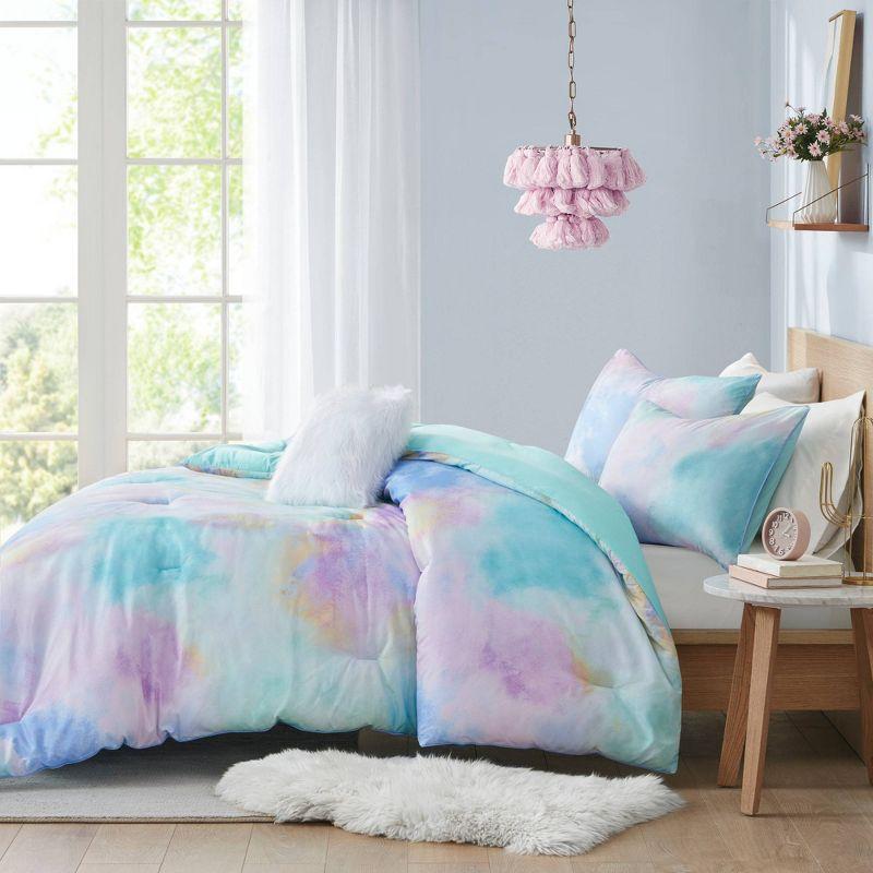 Cassiopeia Watercolor Tie Dye Printed Comforter Set with Throw Pillow