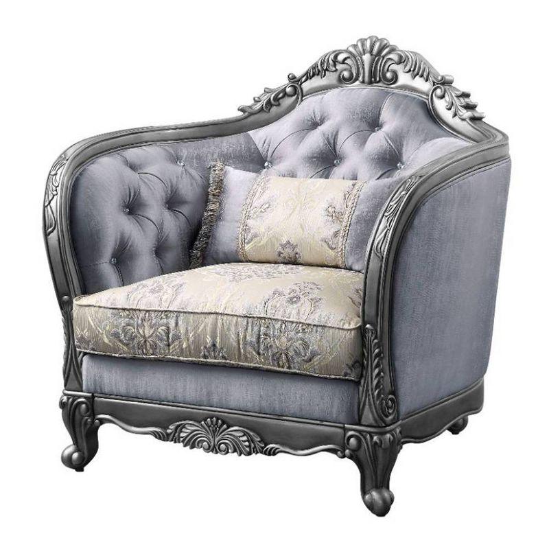 Ariadne Platinum Gray Floral Accent Chair with Carved Wood Detail