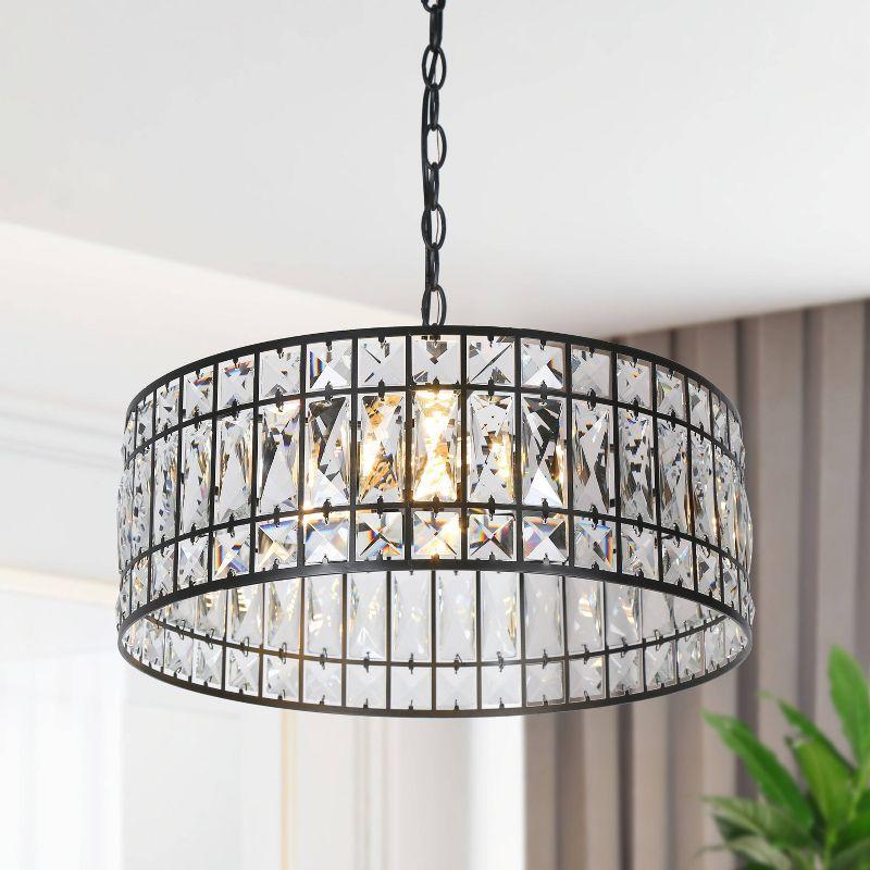 LNC Chispa 3-Light Matte Black Drum LED Dry Rated Chandelier: UL Listed, Adjustable Height, Crystal Decor