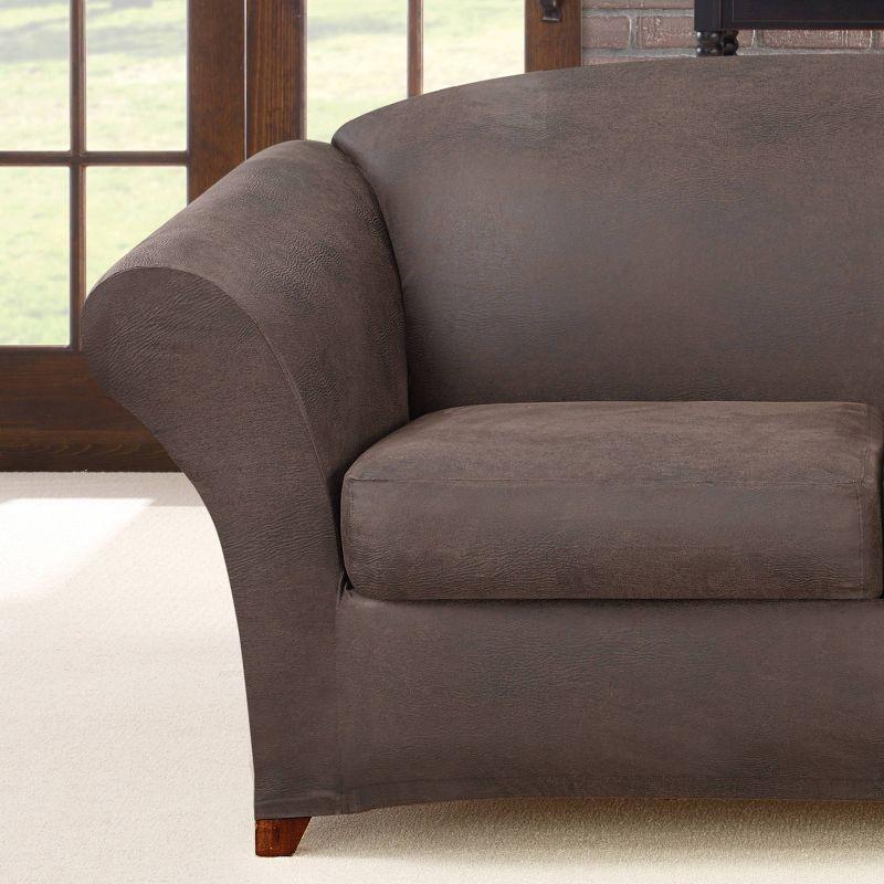 2pc Ultimate Stretch Leather Chair Slipcovers Slate - Sure Fit: Box Cushion Compatible, Machine Washable