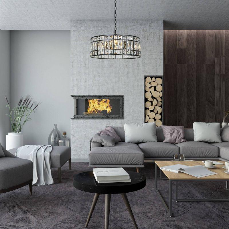 LNC Chispa 3-Light Matte Black Drum LED Dry Rated Chandelier: UL Listed, Adjustable Height, Crystal Decor
