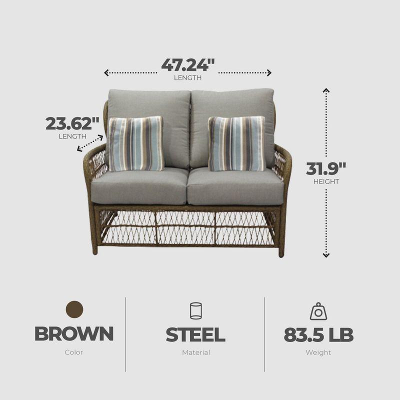 Four Seasons Courtyard Positano Wicker Loveseat Outdoor Bench Seating Furniture with Acrylic Plush Comfortable Lounge Cushions and 2 Accent Pillows