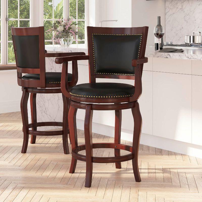 Cherry Wood Panel Back Counter Stool with Black Faux Leather Swivel Seat