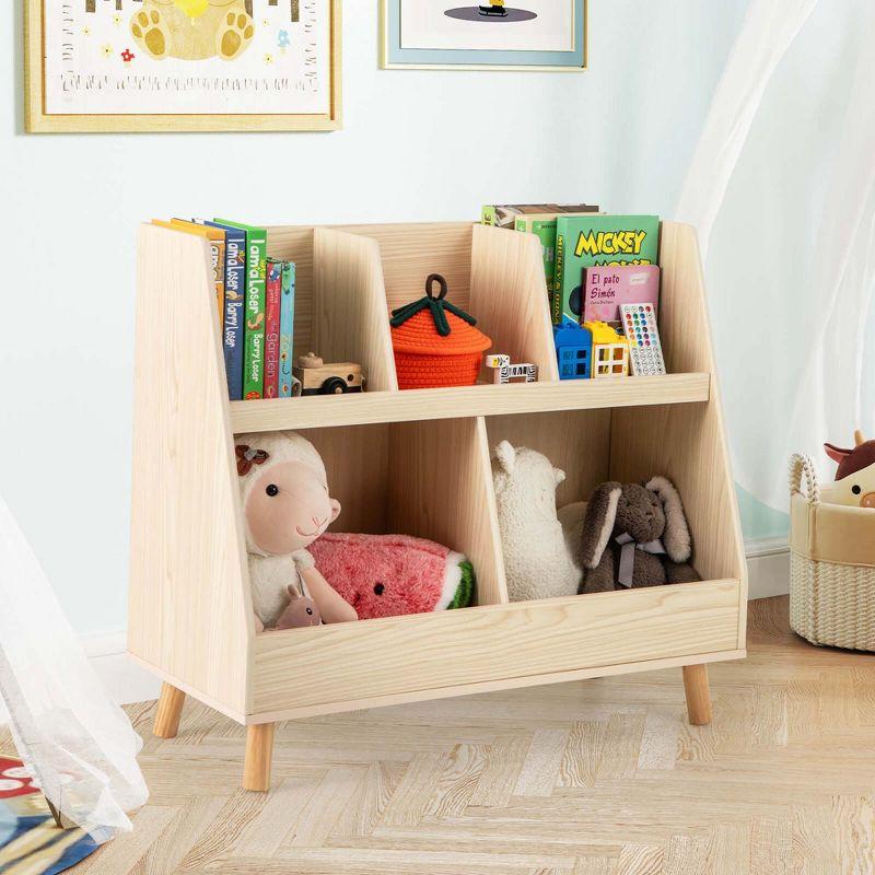 Costway 5-Cube Kids Bookshelf and Toy Organizer Wooden Storage Bookcase with Wood Legs Beige