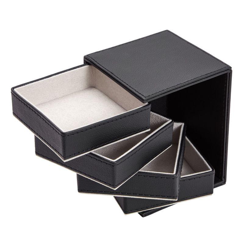 Juvale 4 Layer Rotating Jewelry Organizer for Men, Women, Small Faux Leather Box for Necklaces, Rings, Earring, Bracelets, Black, 4 x 5 In