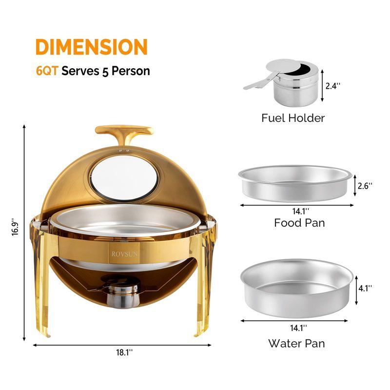 6 QT Gold Roll Top Round Chafing Dish Buffet Set with Glass Window